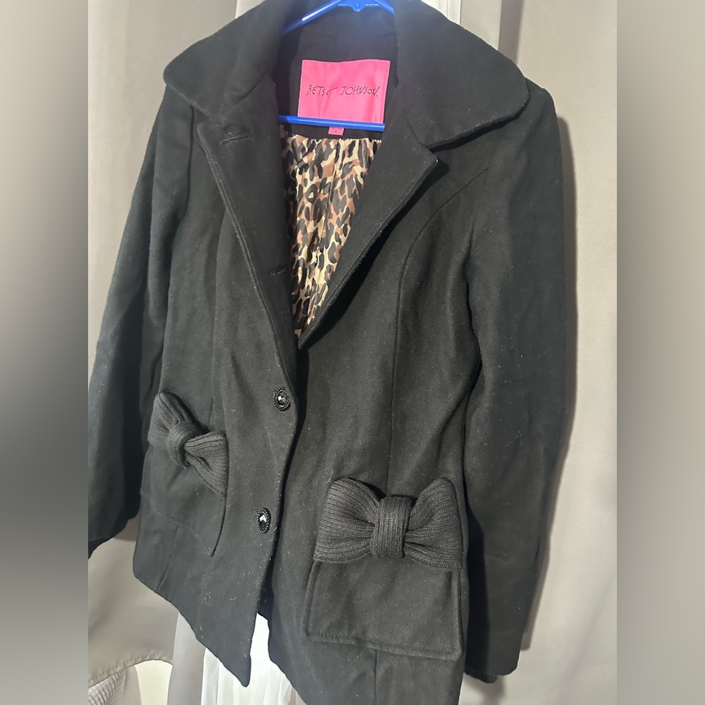 Betsey Johnson Black Wool Blend Coat knit Bows Pockets Vintage
